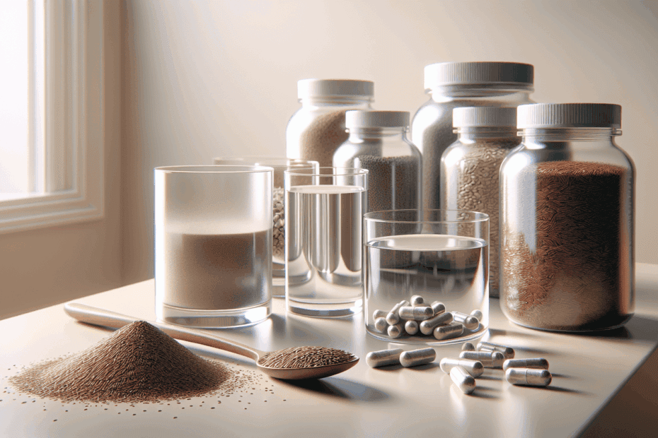 Jars of seeds, powder, capsules, and water glasses