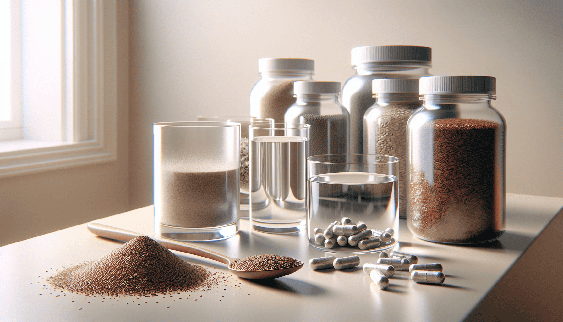 Jars of seeds, powder, capsules, and water glasses