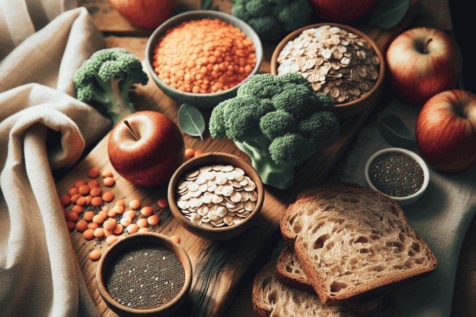 high-fiber foods for digestive health on wooden table