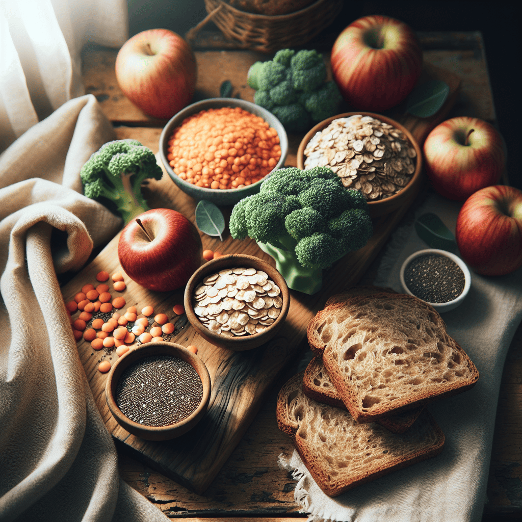 high-fiber foods for digestive health on wooden table