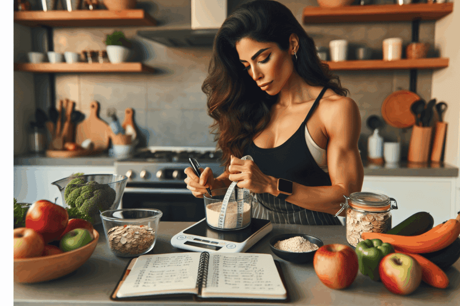 Woman measuring oats in kitchen with fresh produce