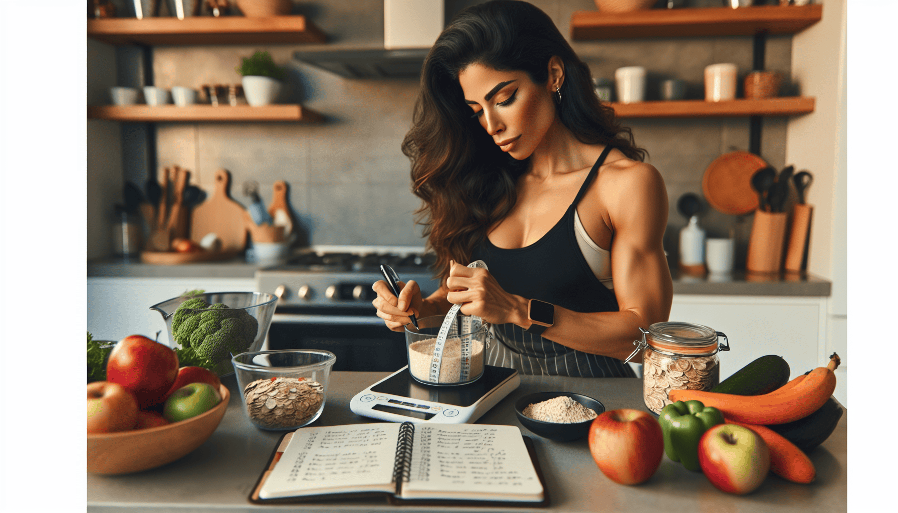 Woman measuring oats in kitchen with fresh produce