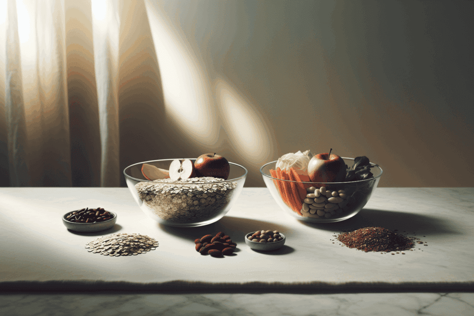 Bowls of oats, fruits, vegetables, and seeds