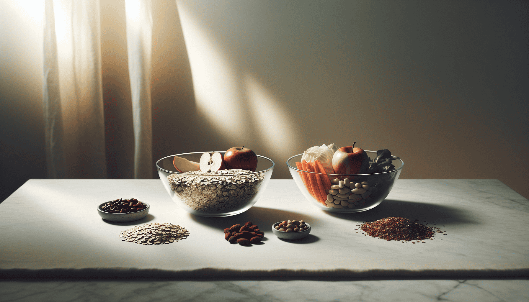 Bowls of oats, fruits, vegetables, and seeds