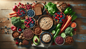 Assortment of healthy fruits, vegetables, grains, and nuts