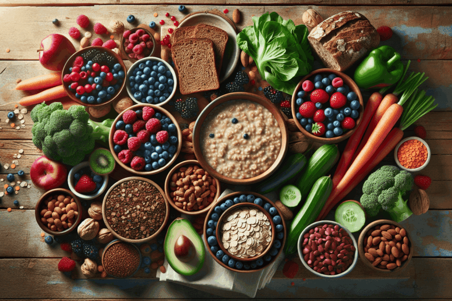Assortment of healthy fruits, vegetables, grains, and nuts
