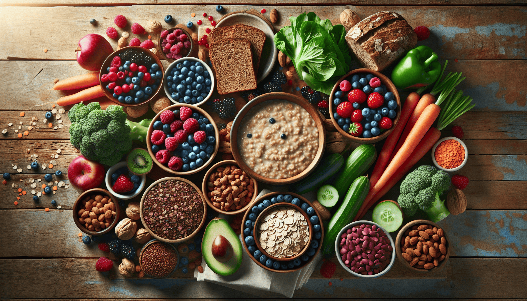 Assortment of healthy fruits, vegetables, grains, and nuts