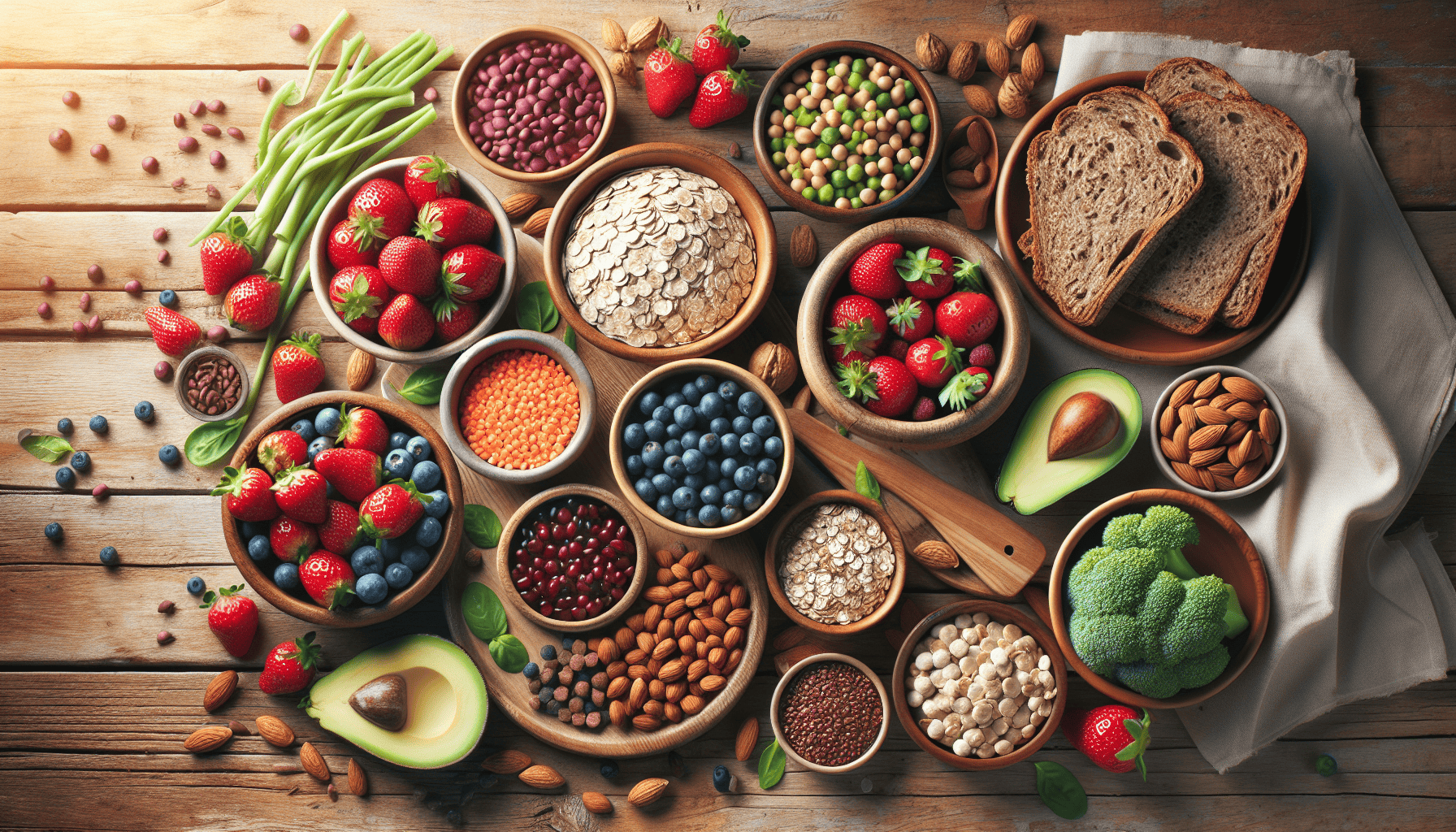 Overhead view of a table covered with high-fiber foods including lentils, chickpeas, berries, oats, avocado, almonds, and broccoli