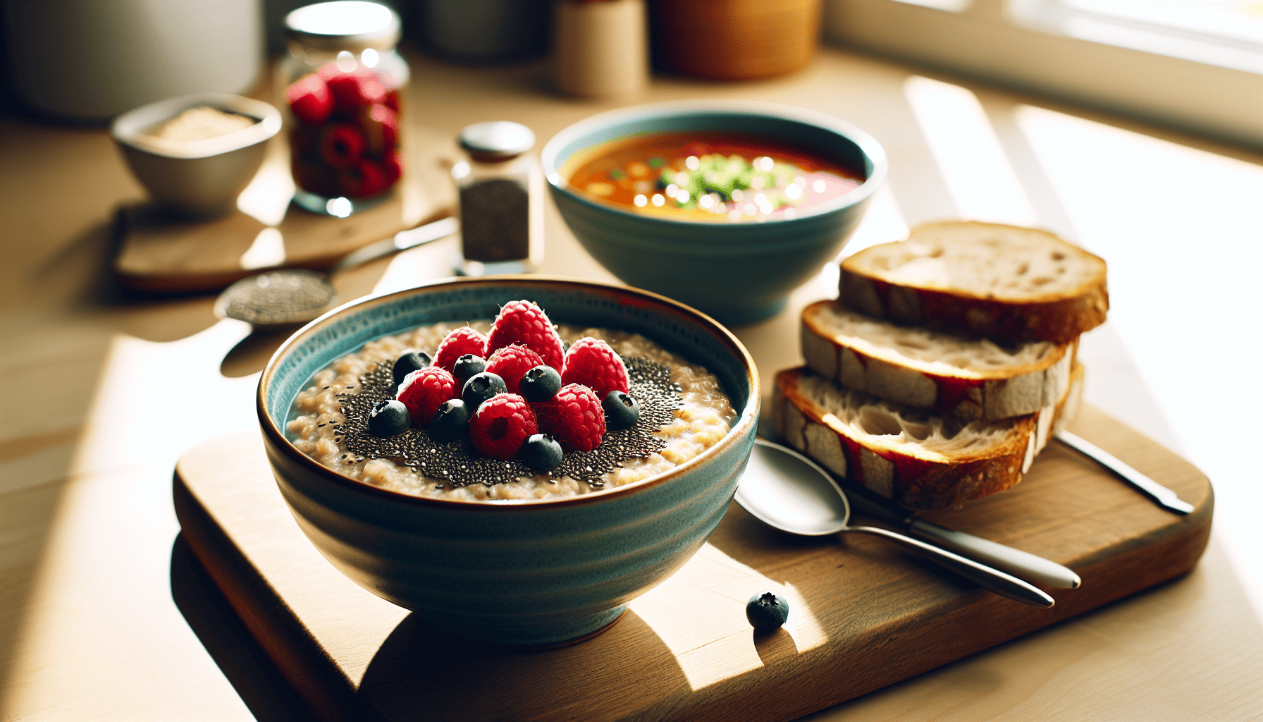 A balanced high-fiber meal with oatmeal topped with raspberries and chia seeds next to a bowl of black bean soup and whole wheat bread